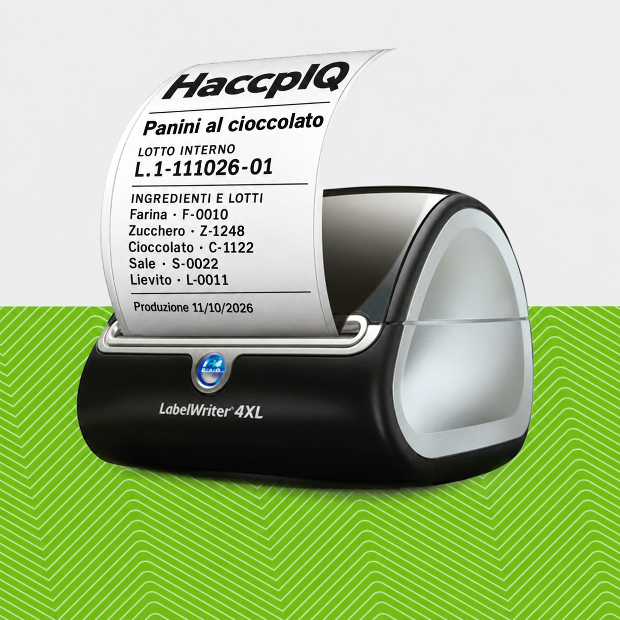 DYMO LabelWriter 4XL con un’etichetta HaccpIQ in uscita: prodotto, lotto interno e ingredienti