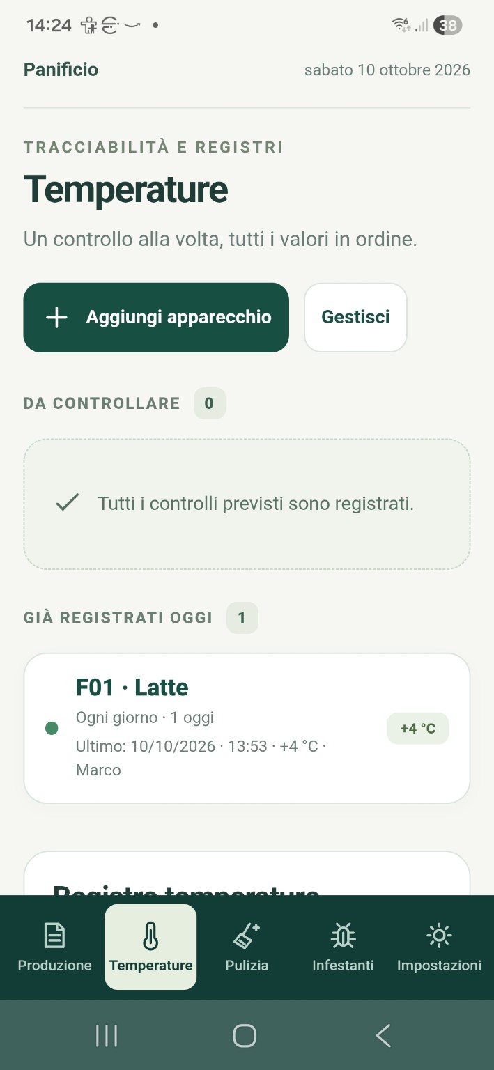 Schermata reale HaccpIQ: Temperature con il controllo registrato e i cinque reparti